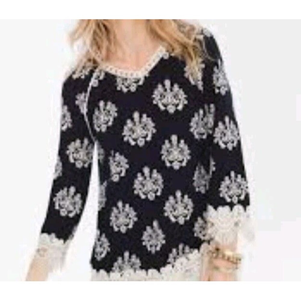 Chico's Blouse Medallion Lace-Trim 3/4 Sleeve  Size 0 US S V Neck